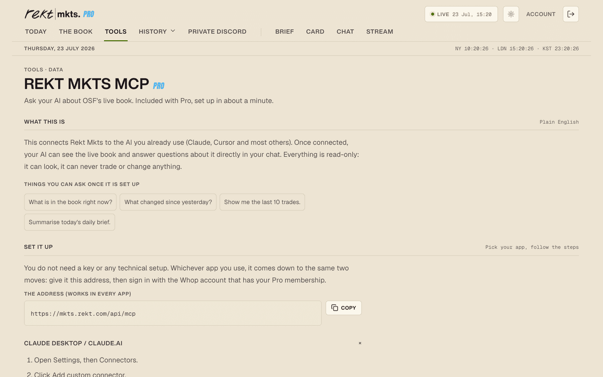 Rekt Mkts MCP setup page with one-minute connect steps