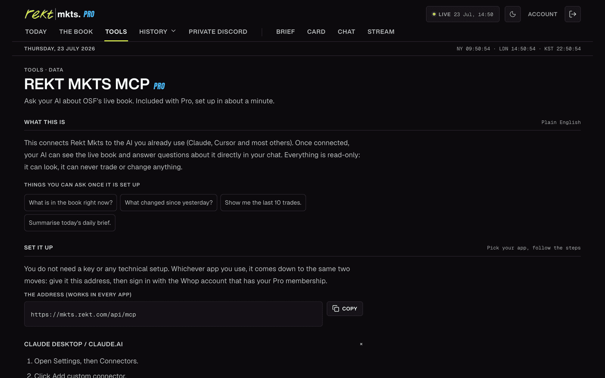 Rekt Mkts MCP setup page with one-minute connect steps
